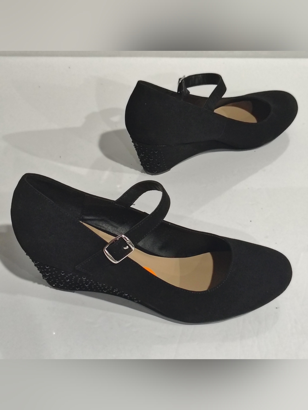 Me Too Black Mary Jane Wedge Heels with Ankle Strap Size 11M